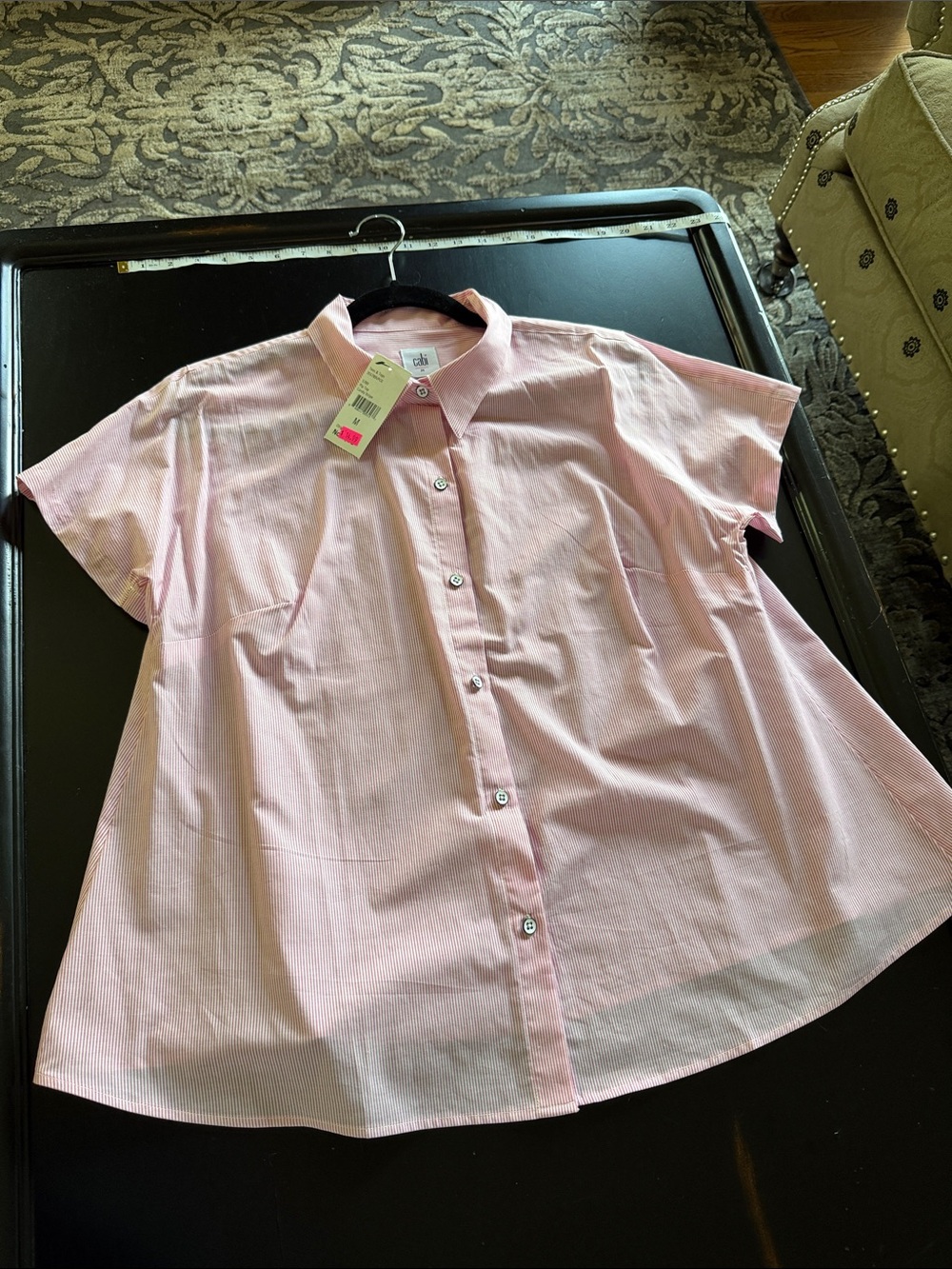 CAbi Pink and White Striped Button-Front Pip Top